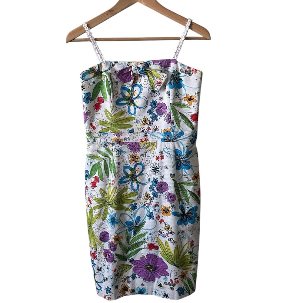 David Meister White Floral Midi Dress with Green Blue Purple Accents